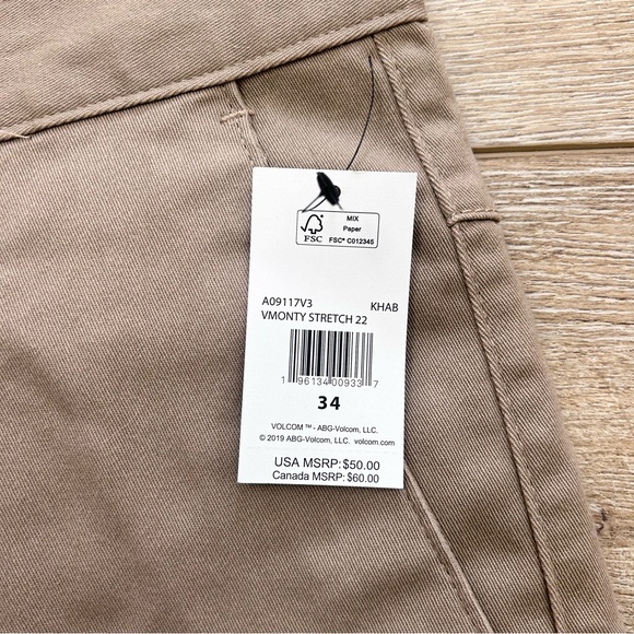Volcom Vmonty Stretch Shorts Mens Sz 34 Flat Front Pockets Khaki Casual NEW - Picture 5 of 10